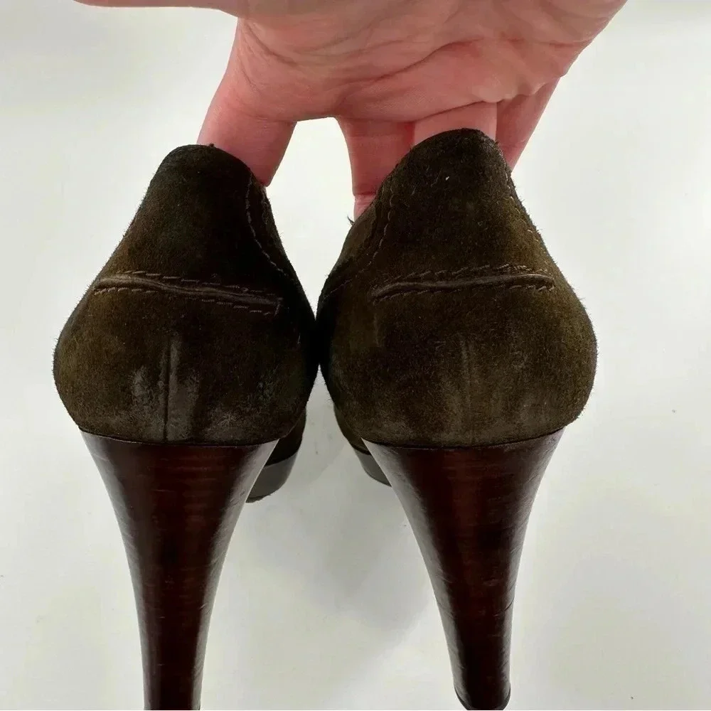 Stuart Weitzman heels size 11 olive green suede penny loafers chunky platforms